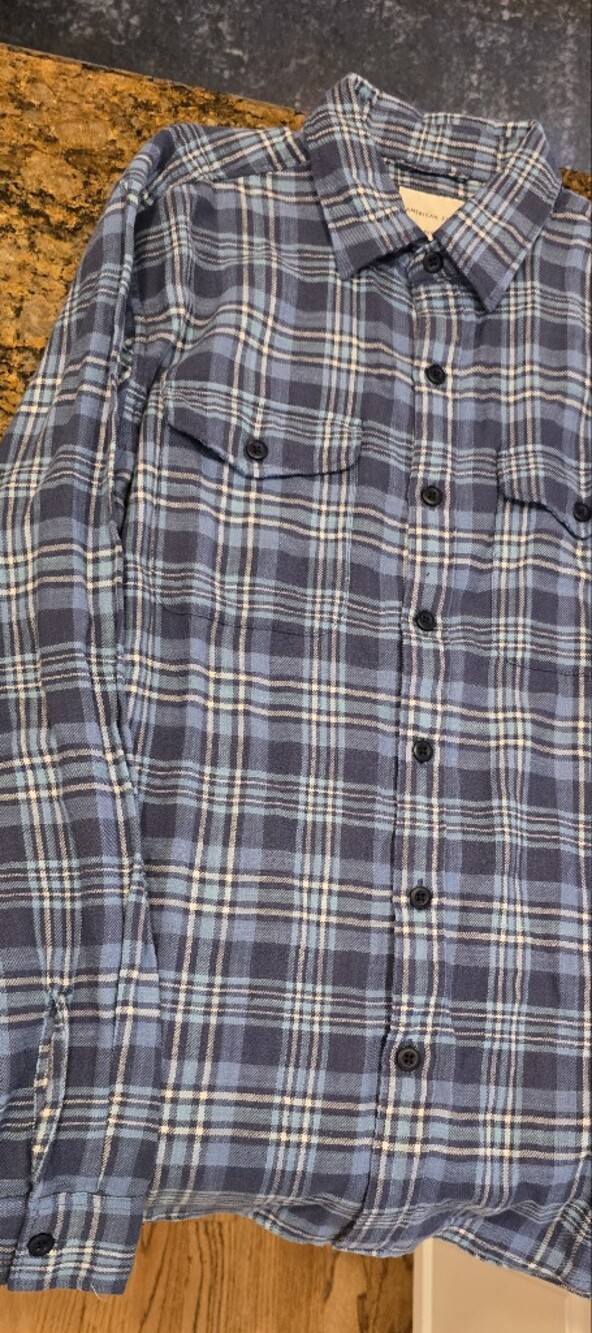American Eagle Outfitters Navy and Light Blue Plaid Button-Down Shirt